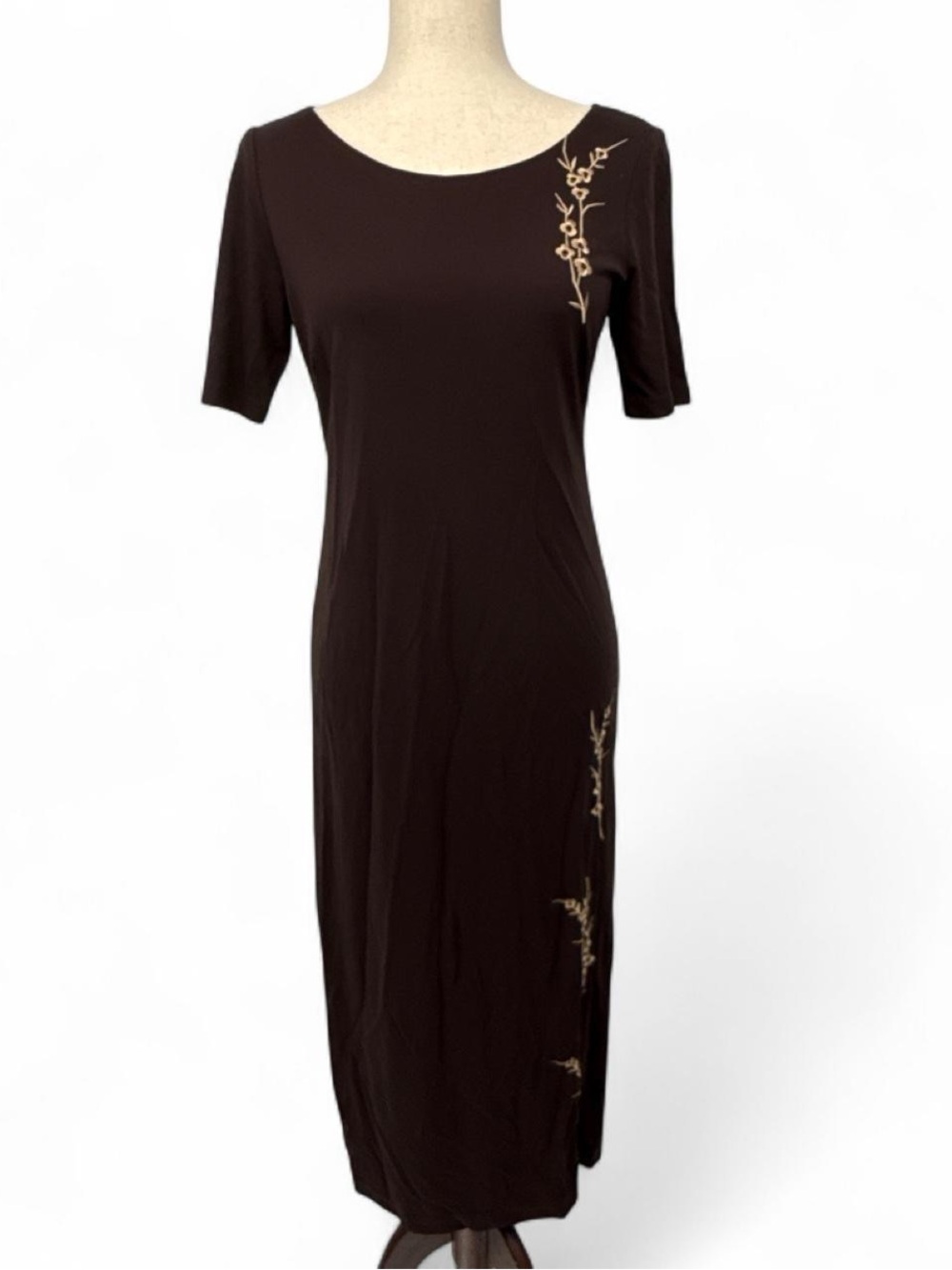 Vintage Chetta B brown short-sleeve floral embroidered maxi dress size 6
